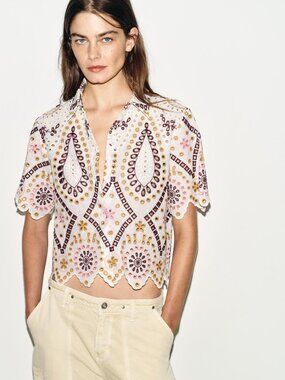 ZARA EMBROIDERED EYELET SHORT SLEEVE SHIRT - SIZE SMALL